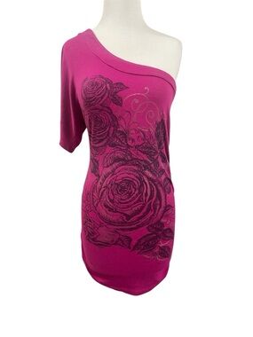 Y2K Wet Seal Pink One-Shoulder Floral Tunic Dress